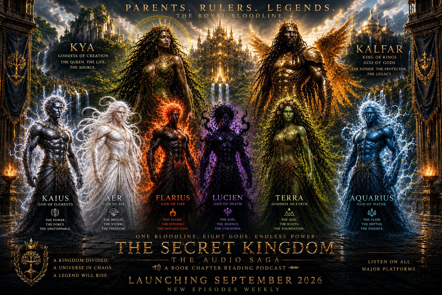 The royal bloodline of Elementus: Kalfar, Kya, Kaius, Aer, Flarius, Lucien, Terra and Aquarius before a celestial kingdom